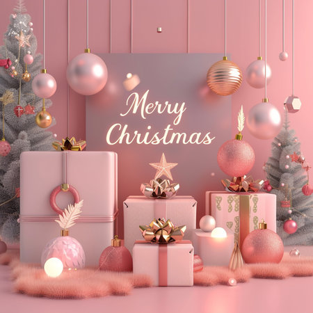 3d render of Christmas background with pink gift boxes and christmas treeの素材
