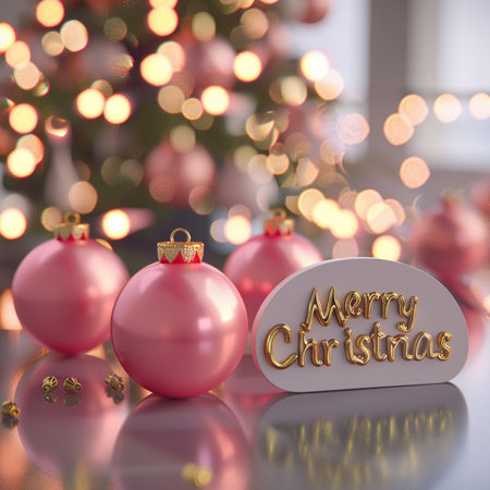 Christmas greeting card with baubles on bokeh background. 3D rendering.の素材