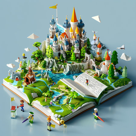 Open book with fairy tale castle on blue background, 3d illustrationの素材