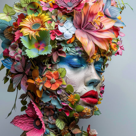 Beautiful woman with creative make-up and flowers in her hairの素材