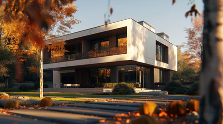 Modern house with autumn leaves and pumpkins. 3d rendering.の素材