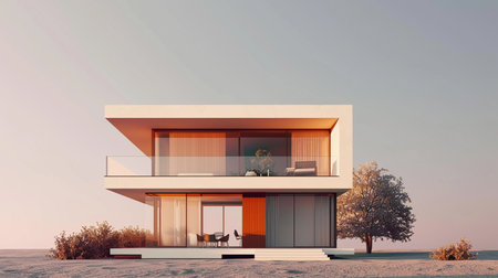 3d rendering of modern cozy house with garage and pool for sale or rent. Clear sunny winter day with blue sky.の素材