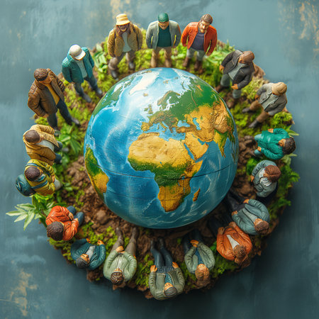 Group of people around the planet earth. Conceptual image of environmental conservation.の素材