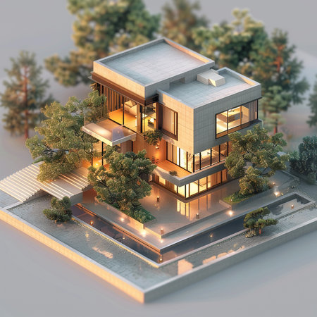 3d illustration of a modern house on a pedestal with lightsの素材