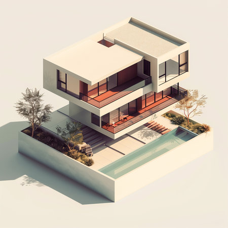 3d rendering of modern cozy house in the garden with garage and pool for sale or rentの素材