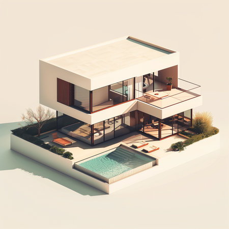 3d rendering of modern cozy house with pool and parking for sale or rent.の素材