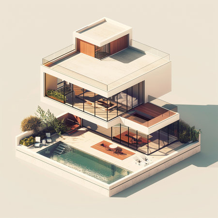 3d rendering of modern cozy house with pool and parking for sale or rentの素材