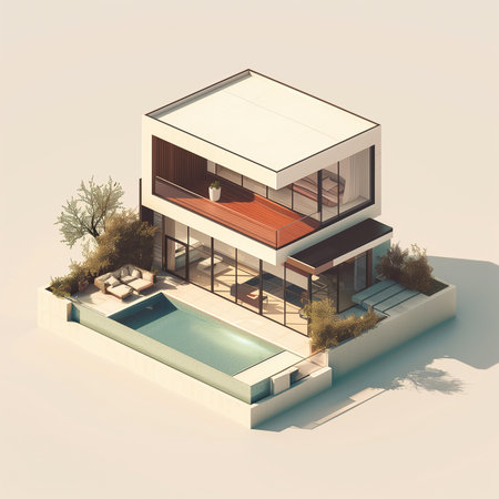 3d rendering of modern cozy house with pool and parking for sale or rentの素材
