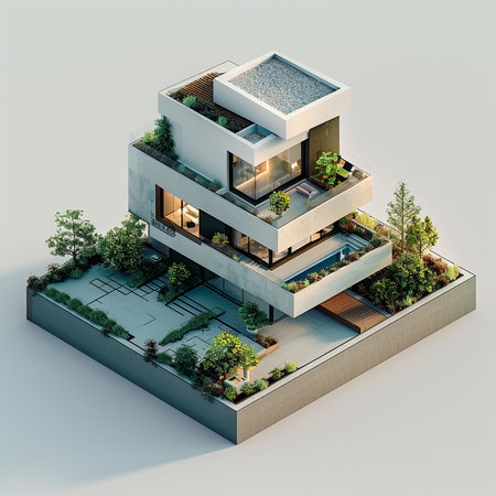 3d rendering of modern cozy house in the garden with garage and pool for sale or rent.の素材