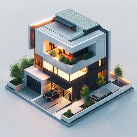 3d rendering of modern cozy house with garage and pool for sale or rent with beautiful landscaping on background. Clear sunny summer day with blue sky.の素材