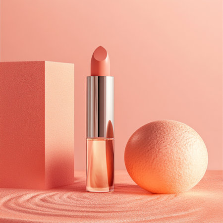 Lipstick and orange ball on a pink background. 3d renderingの素材