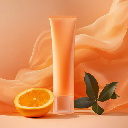 beauty treatment, cosmetic lotion cream serum bottle product with orange fruit, 3d illustrationの素材