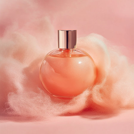 Bottle of perfume on a pink background with a cloud of cotton.の素材