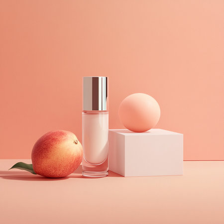 Minimal cosmetic product display podium with peach, 3d render illustrationの素材