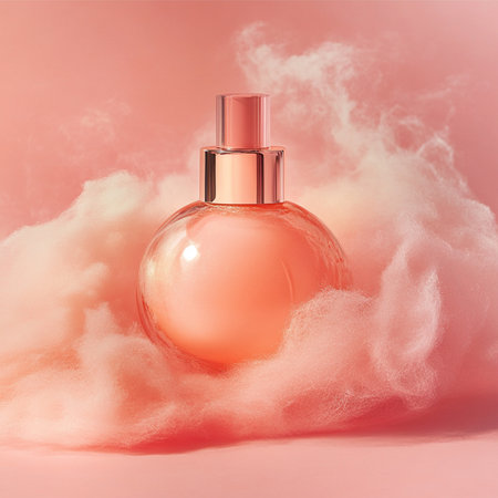 Perfume bottle on pink background with clouds. 3d renderingの素材