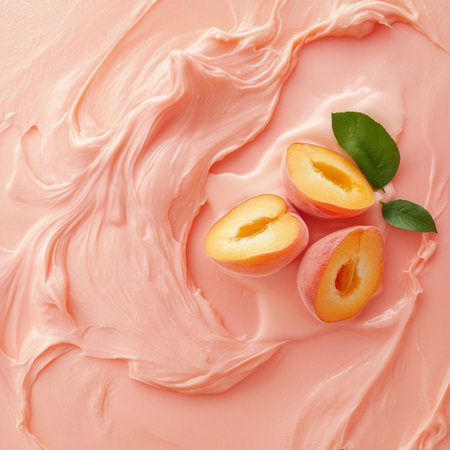 Delicious yogurt with fresh plums on color background, top viewの素材