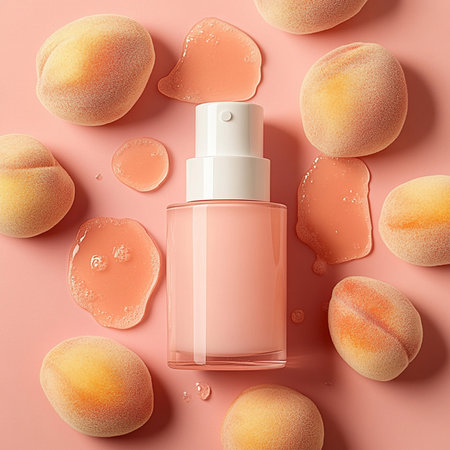 Bottle of cosmetic product and peaches on pink background, top viewの素材