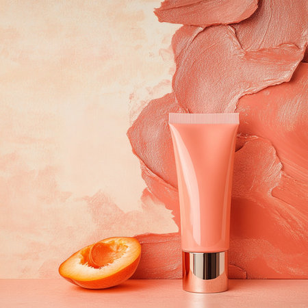 Cosmetic cream bottle with peach on pink background with copy space.の素材