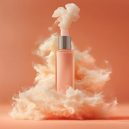 Cosmetic bottle of pink color with cloud on orange background. 3d renderingの素材