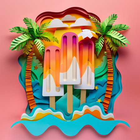 Summer background with ice cream and palm trees. Paper art style. Vector illustration.の素材