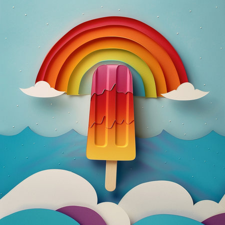 Ice cream in paper cut style with rainbow and clouds. 3d illustrationの素材