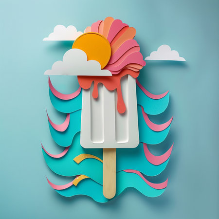 Ice cream in paper cut style with clouds and sun on blue backgroundの素材