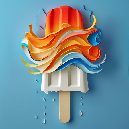 Colorful ice cream on stick in paper cut style. 3d illustrationの素材