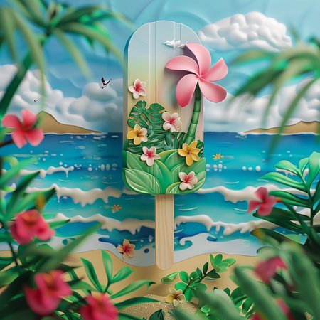 3d illustration of a ice cream on the beach with tropical flowersの素材