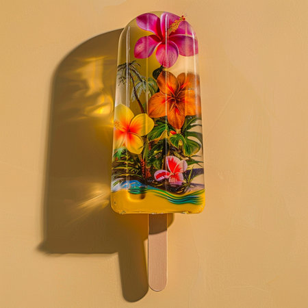 Ice cream on a stick with tropical flowers and leaves on a yellow backgroundの素材