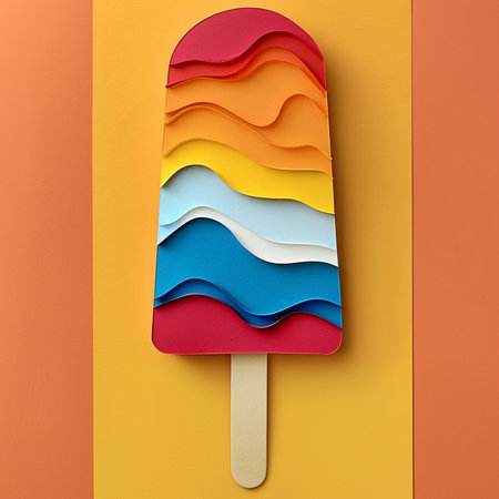 Colorful ice cream on a stick on a yellow and orange backgroundの素材