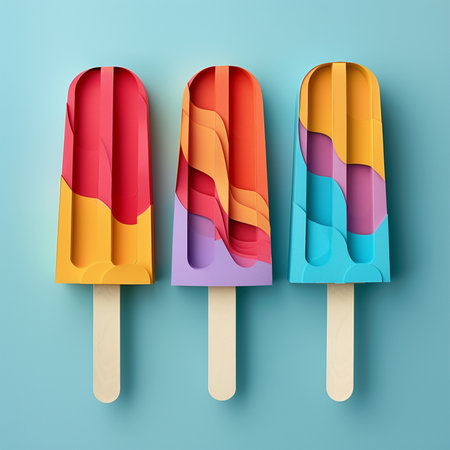 Colorful ice cream on stick in paper cut style on blue backgroundの素材