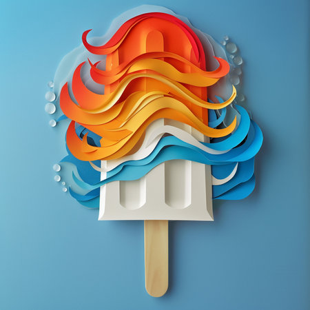 Colorful ice cream in paper art style on blue background. Vector illustration.の素材