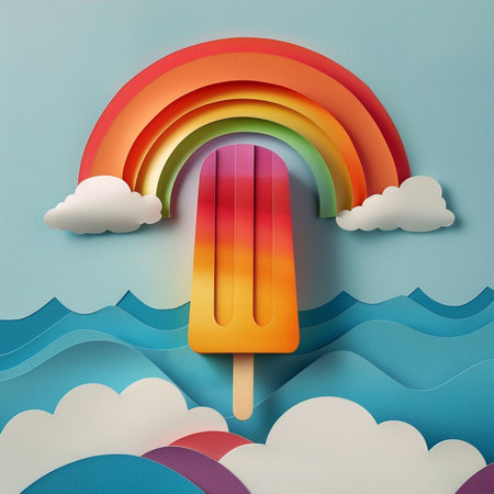 Ice cream with rainbow in paper art style. 3d illustration.の素材