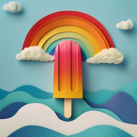 Ice cream on a stick in the form of a rainbow. Paper art style.の素材
