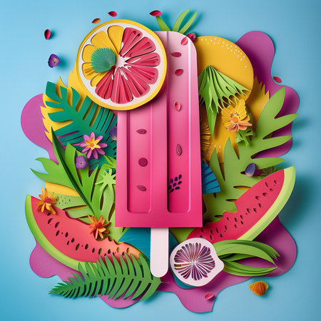 Summer background with ice cream, watermelon and tropical leaves. Vector illustration.の素材