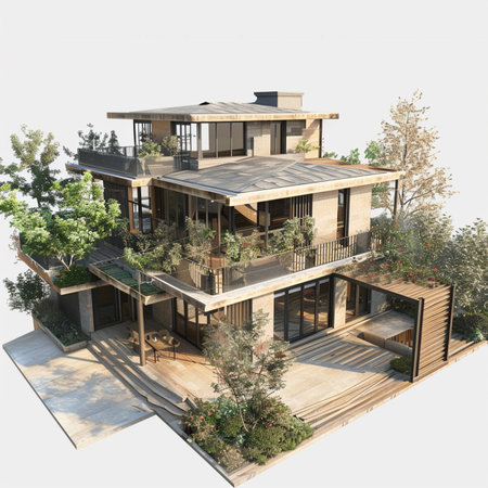 3d rendering of modern cozy house with garage and pool for sale or rent. Black wood plank facade.の素材