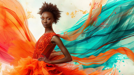Beautiful african american woman with afro hairstyle in orange dressの素材