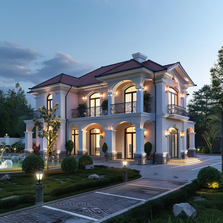 Beautiful villa in the evening. Evening lighting. 3d renderingの素材