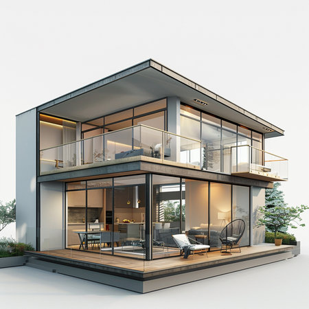 3d rendering of modern cozy house in garden with white walls and wooden floorの素材