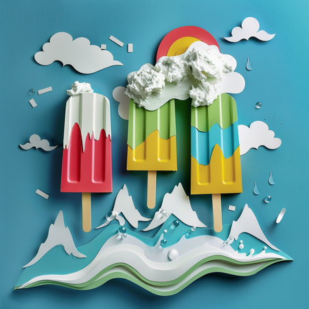 Ice cream with clouds and sky on blue background. Paper art styleの素材