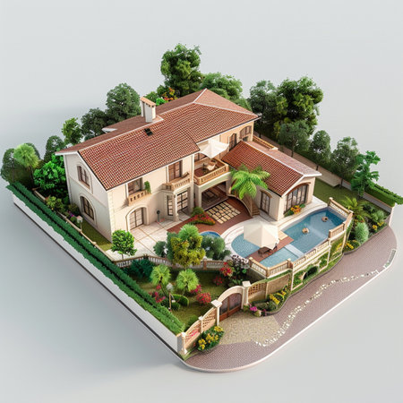 3D model of a house with a garden and swimming pool.の素材