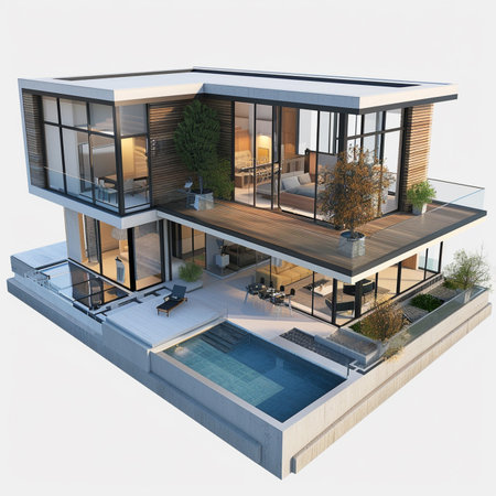 3d rendering of modern cozy house with pool and parking for sale or rentの素材