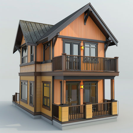 3D illustration of a wooden house with a balcony and a balconyの素材