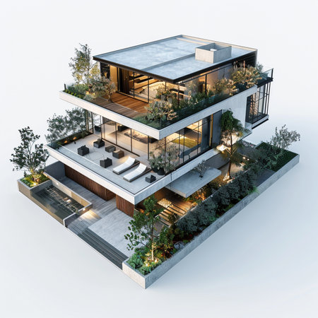 3d rendering of modern cozy house with parking and pool for sale or rent with wood plank facade. Black and white colors.の素材