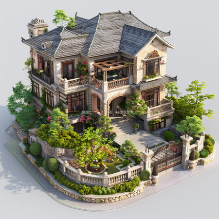3d rendering of a fantasy house with a garden in the middleの素材