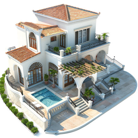 House with swimming pool and terrace on a white background. 3d renderingの素材