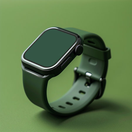 Green smart watch on a green background. 3d render image.の素材