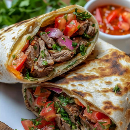 Tortilla wrap with beef, tomatoes, onion and parsleyの素材