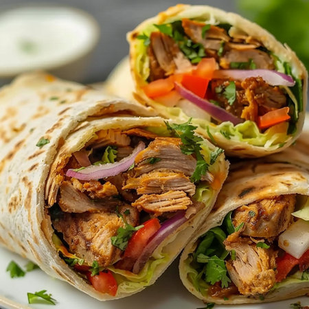 Tortilla wrap with chicken and vegetables on a white plate.の素材