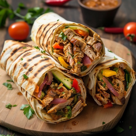 Tortilla wraps with meat, vegetables and sauce on wooden backgroundの素材